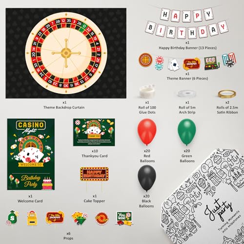 Image of Just Party Casino Theme Party Decoration - 100 pcs Happy Birthday Decoration Kit for Adults | Vegas Theme Birthday Decoration Items for Boys & Girls|Includes Balloons, Backdrop Curtain, Props, Banners
