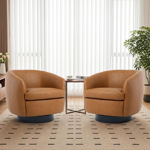 Sillón redondo giratorio de cuero sintético marrón claro miniatura 1