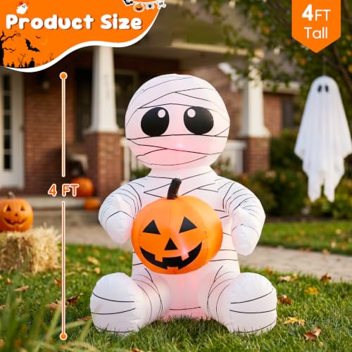 4FT Halloween Inflatable Cut Mummy Holding Pumpkin Blow up Yard Decoration - image 2