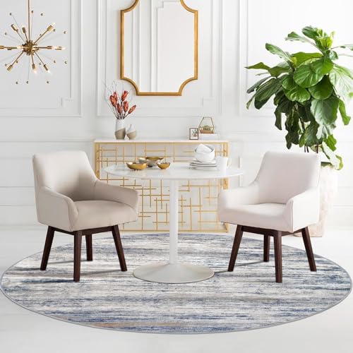 KOZYFLY Modern Abstract Round Washable Rug 5Ft, Non-Slip Soft Kitchen Bathroom Circle Rug, Grey-Blue Striped Entryway Rugs Abstract Faux Wool Doormat for Bedside Entrance Bedroom Sink