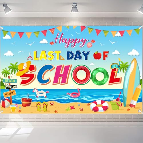 Happy Last Day of School Backdrop Banner 72 x 44 inch - End of School Year Theme Backdrop Party Decorations, Last Day of School Photo Booth Props Summer Vacation End of School Party Background Decoration