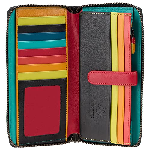 Visconti Str5 Women's Secure Rfid Blocking Large Leather Bifold Zip-Around Clutch Wallet Purse - Black Multi #TOP1