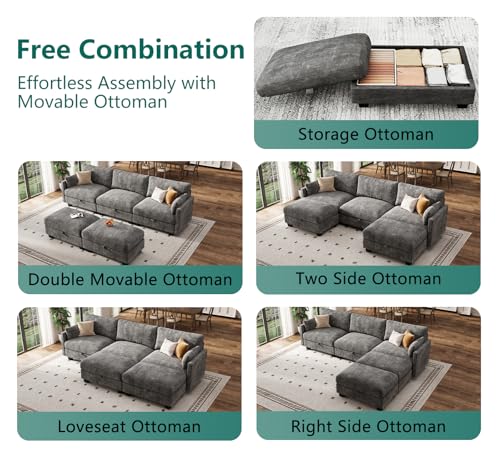Image of Modular Sectional Sofa, 101 inch U Shaped Couch with Storage | High Resilience Foam, 22 inch Seat Depth, Movable Ottoman, Comfy Chenille, Easy Assembly, Dark Gray