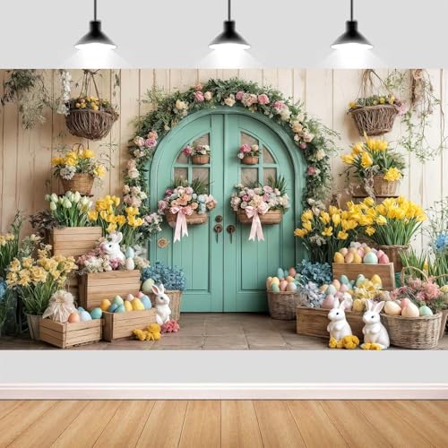 Wathon Easter Backdrop Rustic Happy Easter Rabbit Colorful Eggs Spring Flowers Kids Party Decorations Banner Spring Holiday Birthday Baby Shower Photo Background Booth Studio Video Props 10X10FT