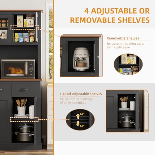 Image of 71 inch Kitchen Hutch with Charging Station, Tall Pantry Storage Cabinet with Microwave Stand, Adjustable Shelves, Slide Drawers, Large Buffet Pantry Cabinet for Kitchen, Dining Room, Black