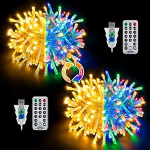 [2 Stück] Ollny Lichterkette innen 10m, 100LED Lichterkette USB mit Fernbedienung Timer, IP44 Warmweiß und Bunt Lichterkette außen 11 modi Garten Lichterkette für Zimmer Hochzeit Camping