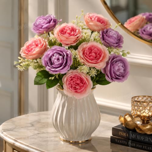 Image of Divyakosh Artificial Flowers Bunch (Vase Not Included). Artificial Flower for Vase Flower Bouquet Gift Lavender & Coral Peach Peony Bouquet for Living Room Office Dining Table Centerpiece
