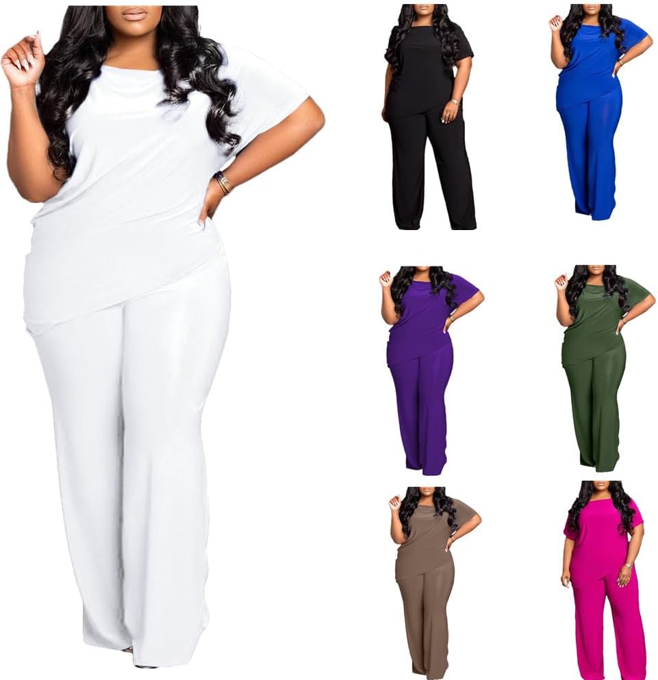 Plus Size 2 Piece Sets for Curvy Women Sexy Fall Short Sleeve Tops Casual Wide Leg Pants Sets Sweatsuits - Image 3