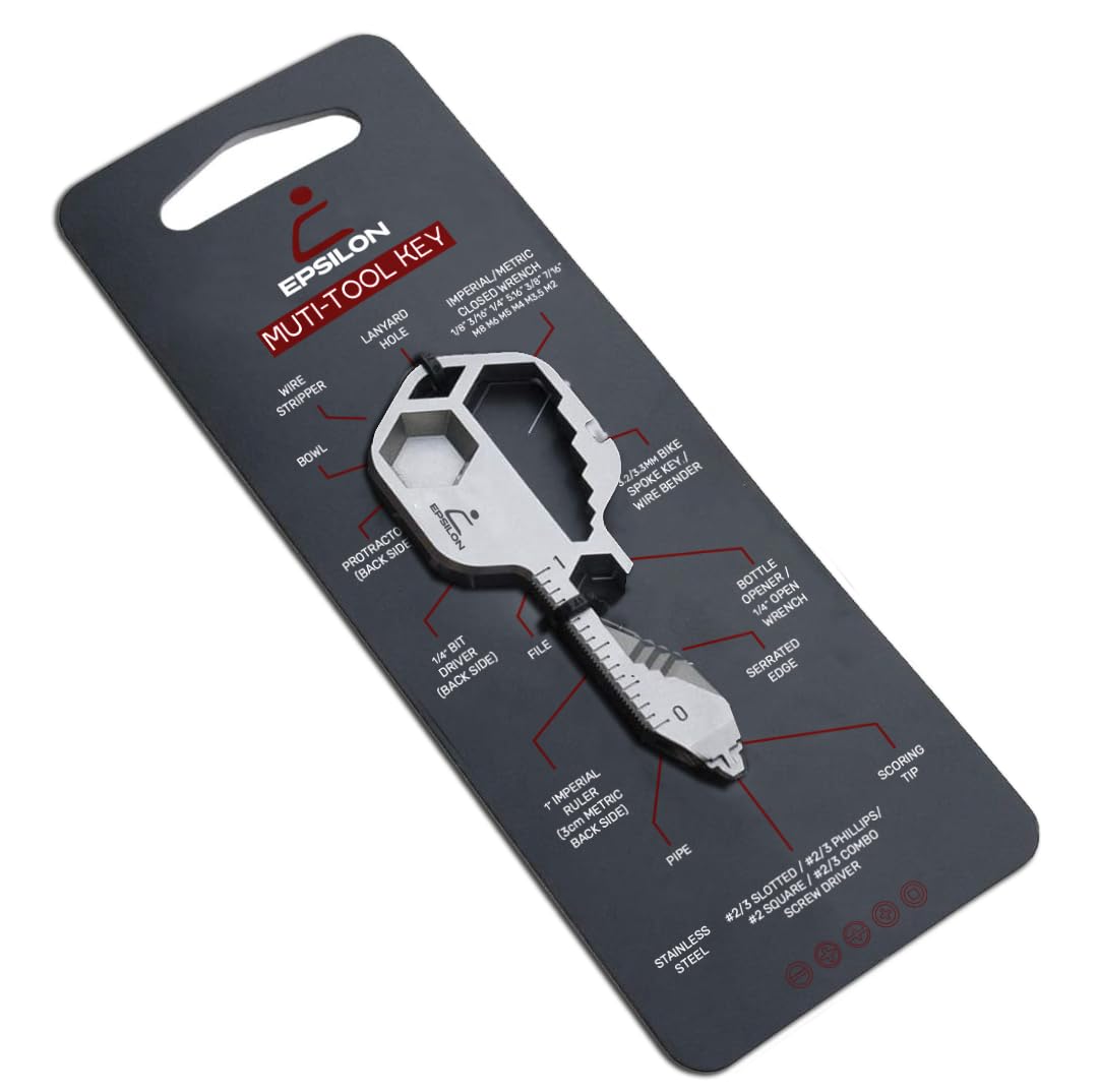 Epsilon Multi-tool Original 16+ Common Tools Stainless Steel Key Shaped Pocket Tool for Keychain Mini Utility Gift for Men, Women, Groomsman, for every ocation Gadget Multifunctional Tool TSA Safe