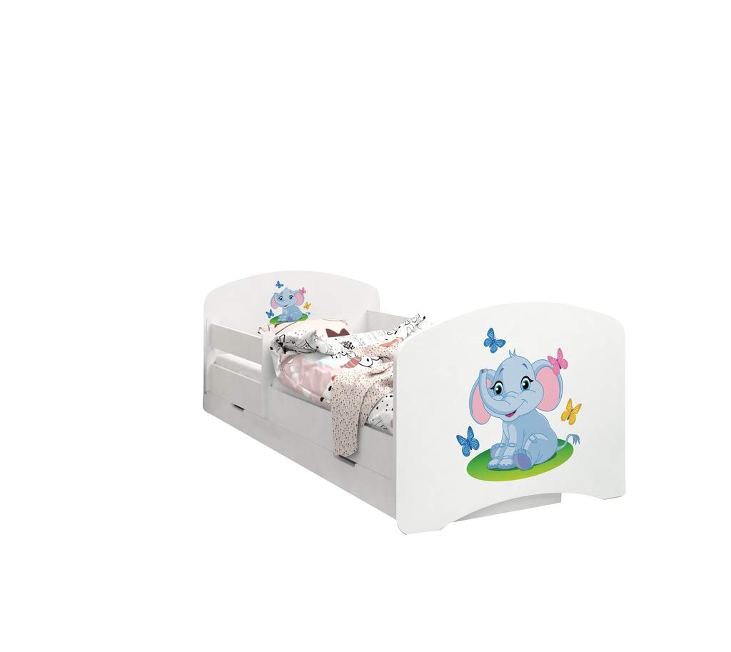 Happy Babies - Dwustronne łóżko dziecięce z szufladą Nowoczesne wzornictwo z bezpiecznymi krawędziami i zabezpieczeniem przed upadkiem materac piankowy 7 cm. (180x90, 03. słonie)