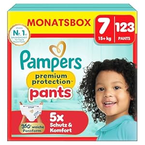 Pampers Premium Protection Pants Größe 7, 123 Windeln, 15kg+, mit 360° Passform und weichen Anti-Auslaufbündchen für unseren besten Komfort und Schutz