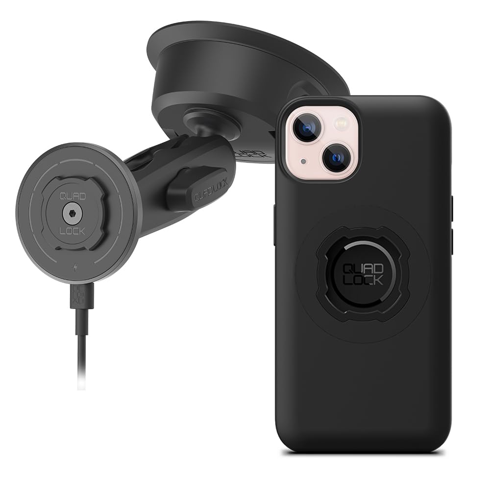 Quad Lock Wytrzymały uchwyt samochodowy na telefon z przyssawką z etui MAG i bezprzewodową głowicą ładującą MAG do iPhone'a 13