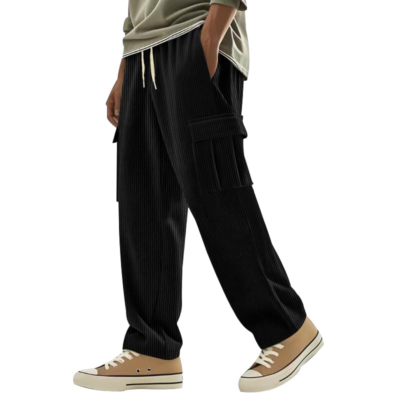 Men's Corduroy Pants Casual Cargo Pants Elastic Drawstring Waist Sweatpants with Multi Pockets2