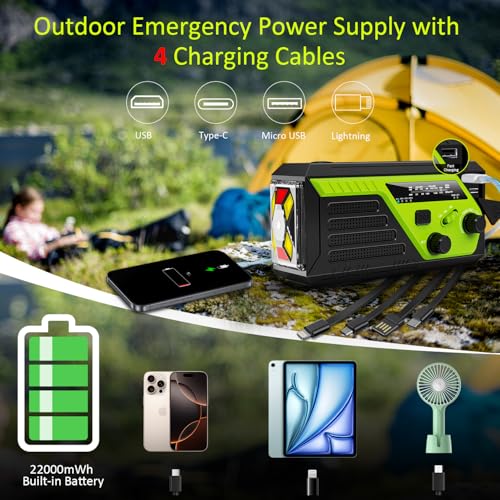 Image of Emergency Radio, 4 Charging Cables Hand Crank Radio with Flashlight | AM FM NOAA Weather Radio, 22000mWh Portable Radio, SOS Alarm Reading Light for Home Outdoor Emergencies.