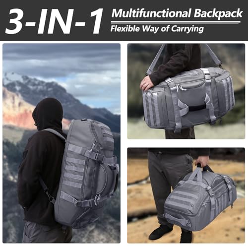 Image of Hannibal Tactical 65L Large Duffle Bag, 3-in-1 Tactical Backpack MOLLE Pack for Sports, Gym, Outdoor, Grey
