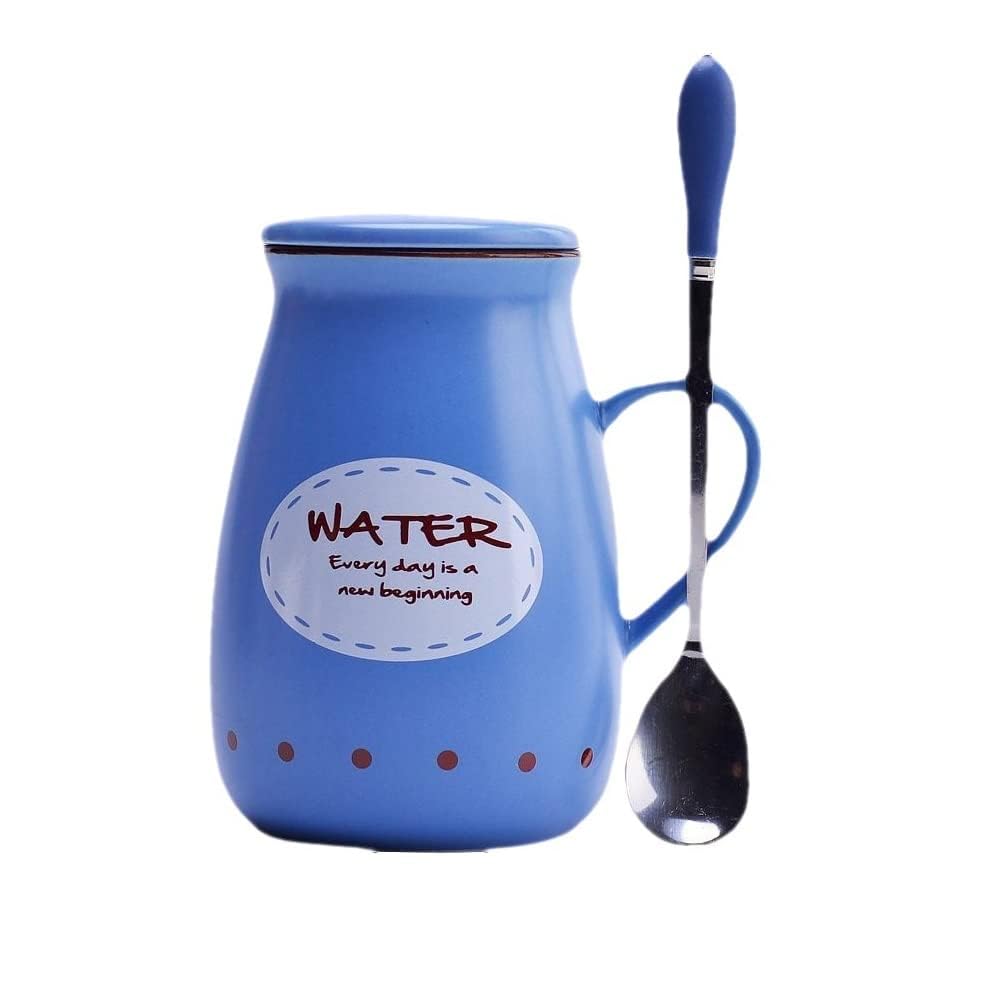 RIVAAN Wedding Gift Coffee Mug - Aesthetic Porcelain Lid with Stainless Spoon, 400 ML Ceramic Tea Mug with Handle, Suitable for Home and Office, Microwave Safe (Blue - 1PCs)