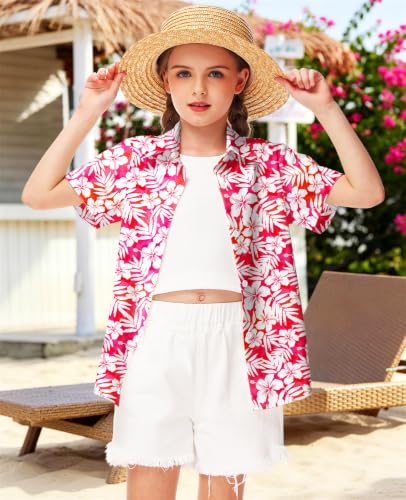Image of Remimi Unisex Kids 4th of July Button Up Shirt Boys American Flag Print Hawaiian Beach Short Sleeve Tops 5-14 Years