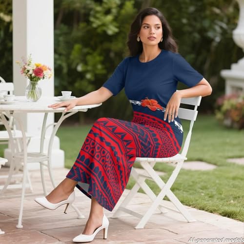 Image of Puletasi Polynesian Tribal Clothing Two Piece Skirt Set for Women Outfits Short Sleeve Top High Waist Midi Skirt