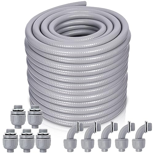 Feotech Liquid-Tight Conduit and Connector Kit - 1/2 Inch 100 FT Non Metallic Liquid Tight Electrical Conduit with 5 Straight and 5 Angle Fittings