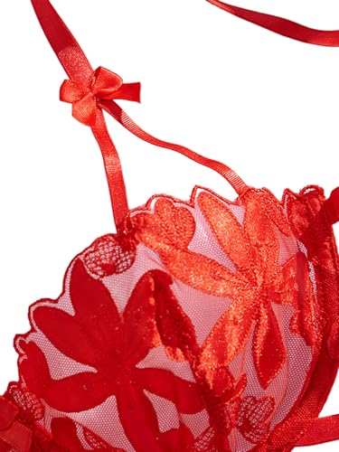 Image of Lilosy Sexy Tie Side Cute Underwire Push Up Strappy Embroidered Mesh Sheer Lingerie Set