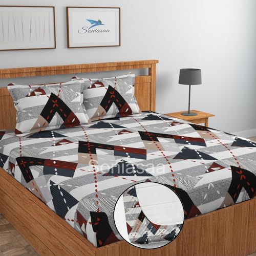 Image of 225 TC Glace-Cotton All Around Elastic Fitted Bedsheet, Elastic Fitted Bedsheet King Size Bedsheet for Double Bed with 2 Pillow Covers, Size - 72 x 78 x 8 Inch Color-Brown & White
