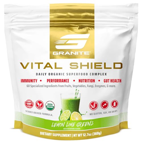 Granite Nutrition Vital Shield - USDA Organic Superfood Greens with Mushrooms & Tart Cherry – Supports Energy, Immune Function & Digestive Health – Lemon Lime Flavor (30 Servings)