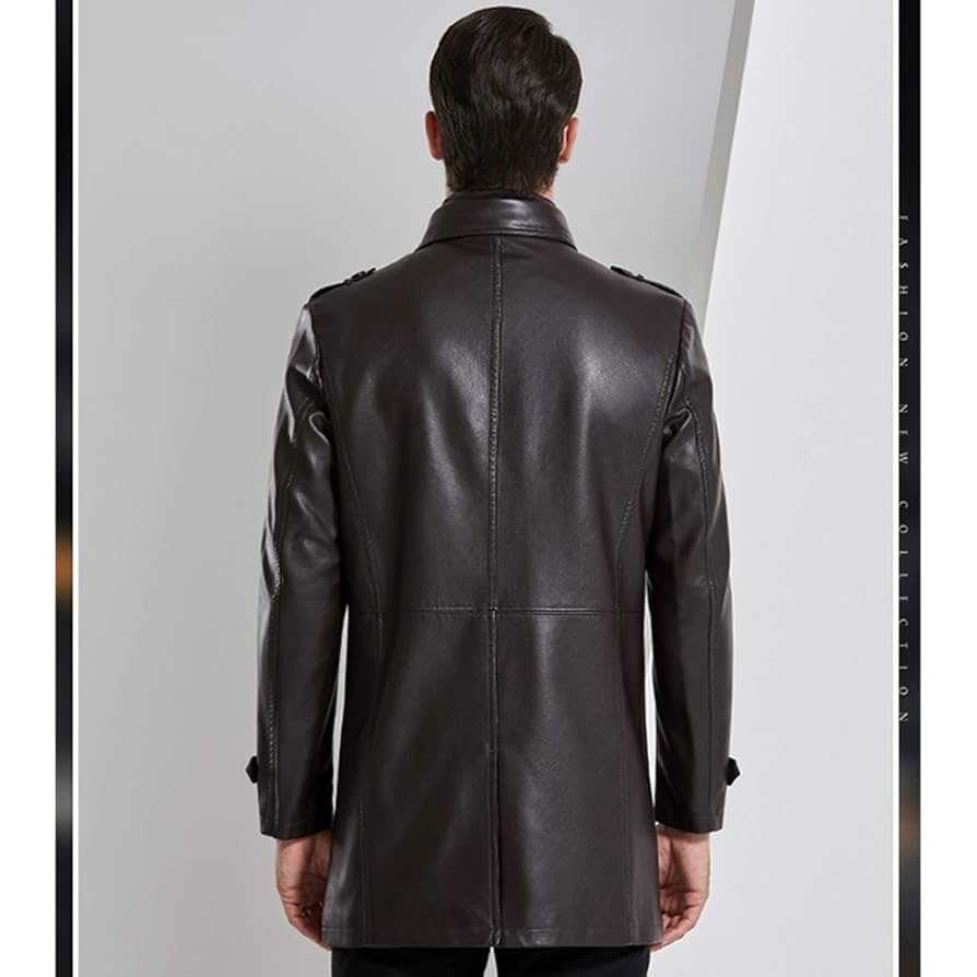 ジャケット・アウター THEREDTHREAD leather jacket long 2023 Men's Solid Color Trench Coat Slim Fit Leather Long