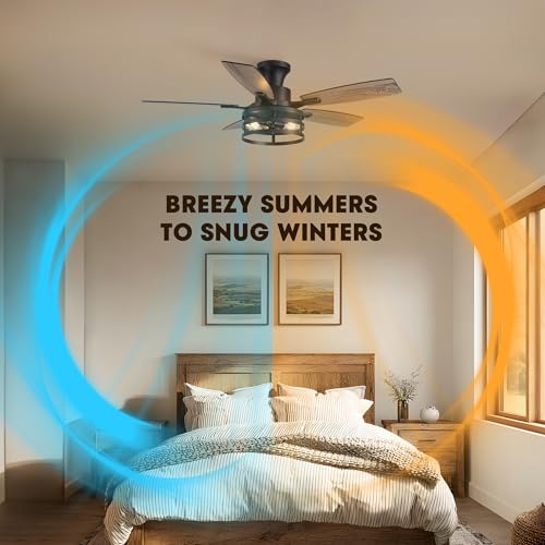 Image of 42 Inch Flush Mount Ceiling Fans with Lights and Remote Control, Farmhouse Ceiling Fan with LED Lighting for Bedroom Living Room and Patio, Black Caged Ceiling Fan for Indoor and Outdoor(NO Bulbs)
