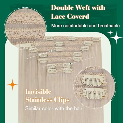 Easyouth Blonde Clip-In Real Hair Extensions Platinum Blonde Real Hair Clip-In Extensions Light Blonde Hair Extensions Real Hair Clips Remy Human Hair Straight 55 cm #1000 7 Pieces 120 g - Image 2