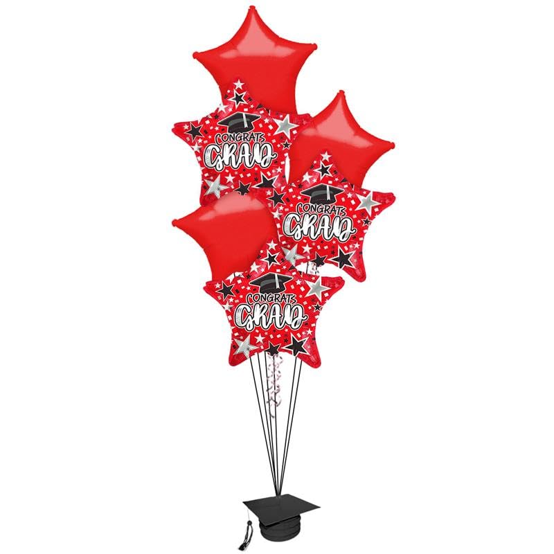 PMU 6 Pcs Star Shape Grad Balloon Bouquet with Grad Cap Balloon Weight | Graduation Decoration Mylar Balloons | Celebrate Success with Vibrant