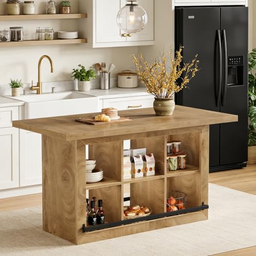 Tribesigns Kitchen Island with Storage, 62.6\" Farmhouse Table with 6-Cubby Open Shelves & Metal Foot Rail, Butcher Block Style Counter Height Stationary Unit - Thumbnail 5