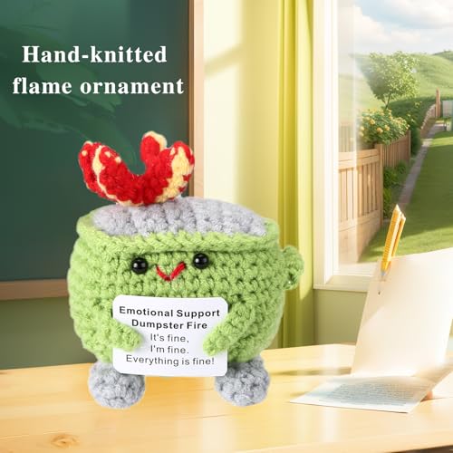 Image of RovyFota Emotional Support Crochet Dumpster Fire with Positive Card Cute Room Decor Knitted Toys Funny Crochet Support Buddies Gifts for Friends (Grass Green)