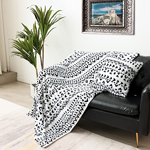 Vessia Aztec Patterned Throw Blanket (50X71Inch) With Pillow Case(18 * 18Inch),Black And White Boho Blanket Throw,Soft Cozy Comfy Lightweight Geometric Bohemian Decor Blanket For Couch,Sofa,Chair,Bed #TOP1
