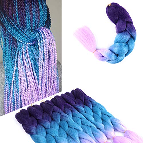 6Packs Ombre Braiding Hair Purple Blue braiding Hair 24 inches Jumbo Braiding Hair Kanekalon braiding Hair Extensions for Braiding(Purple Blue Light Purple 6Packs)