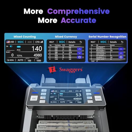Image of swaggers Heavy Duty Mixed Denomination Note Counting Machine with 2 CIS Sensors, Multi Currency Supports| UV /MG /IR /MT Fake Note Detection| Serial Number Recognition, Touch Screen