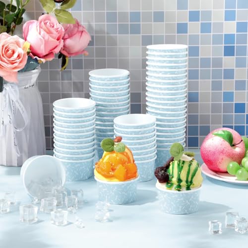 Image of Maxdot 60 Pcs 3 oz Paper Ice Cream Cup Disposable Dessert Western Cup Paper Yogurt Snack Bowl Bulk for Hot and Cold Food Ice Cream or Mousse for Birthday Valentine Party Supplies(Blue,Bow Knot)