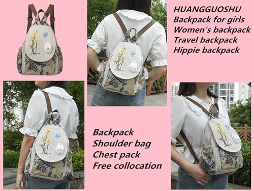 Image of Small Canvas Backpack, Retro Boho Washed Hippie for Women Daily Commute (Rabbit Decorations)