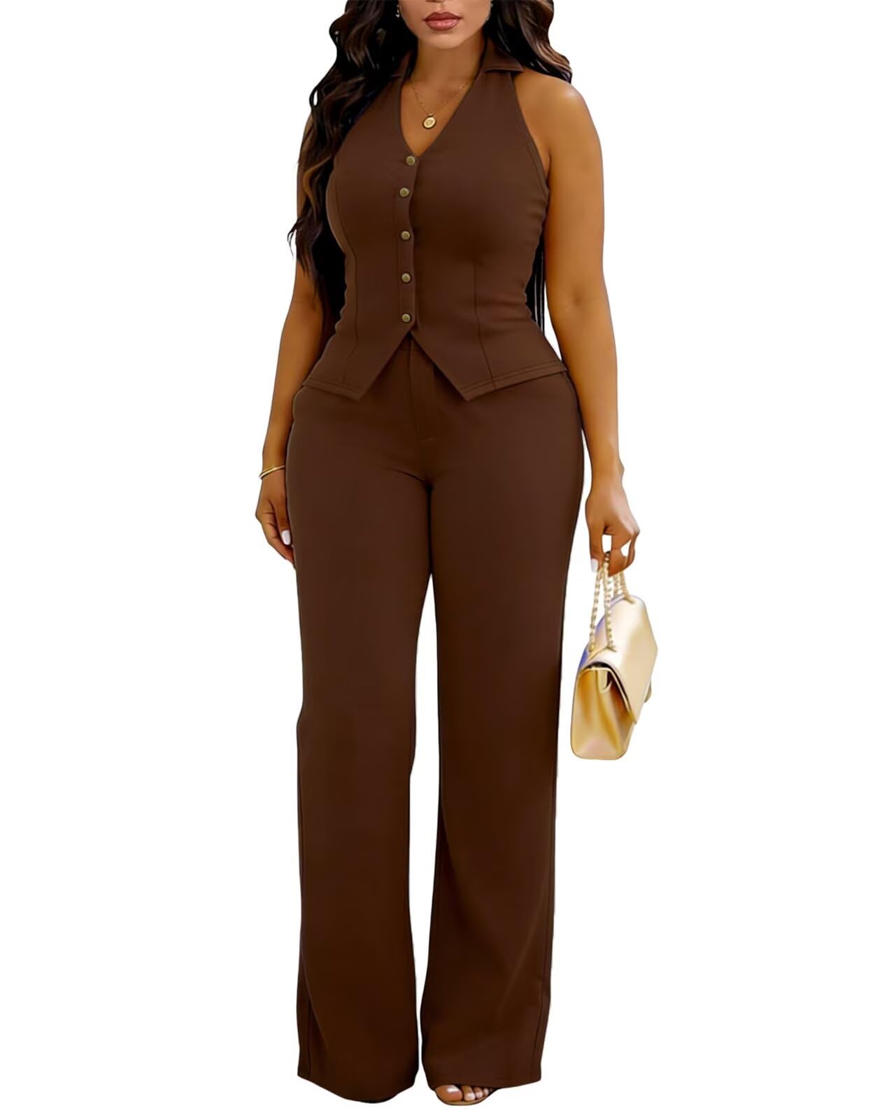 acelyn 2 Piece Blazer Outfit for Women Halter V Neck Vest Crop Top Wide Leg Pants Suit Casual Holiday Matching Set-picture-32