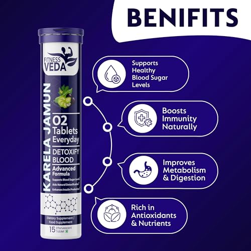 Image of FITNESS VEDA Karela Jamun Effervescent Tablets - Ayurvedic Formula for Blood Sugar Control - Supports Digestion, Glucose Metabolism & Heart Health - Pack of 2 (15x2) Tablets | Fizz & Drink