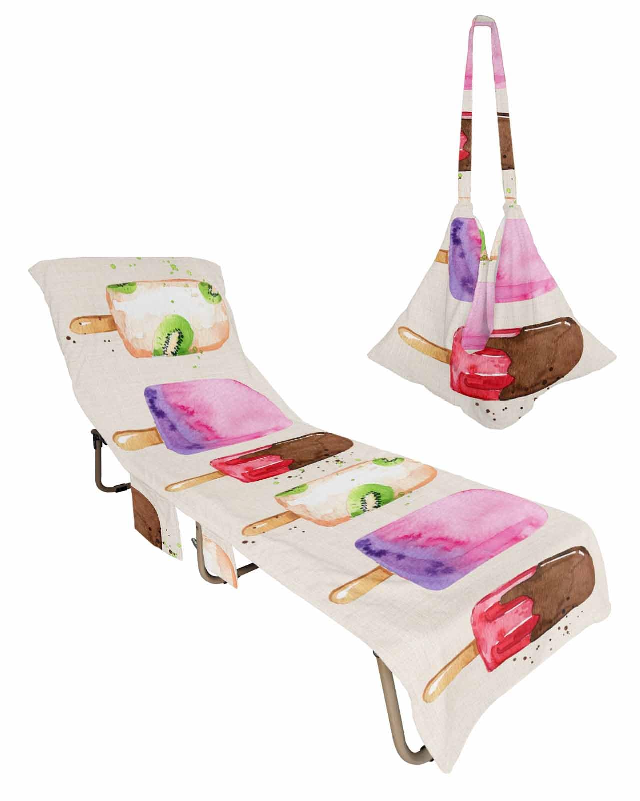 Ice Cream Beach Chair Towel Covers for Chaise Lounge with Side Pocket, Soft Plush Pool Towels Cover for Patio Sunbathing Outdoor 29''x85'' Summer Ombre Fruits Farmhouse Country
