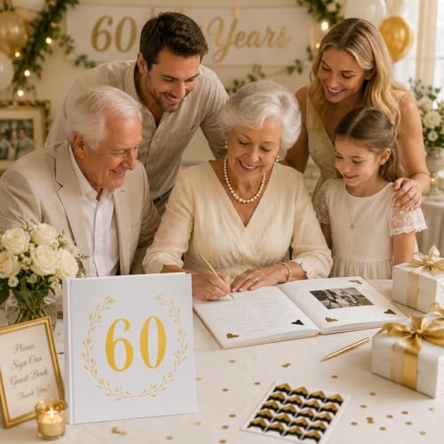 Image of Calculs 60th Birthday or Anniversary Guest Book, Gold Photo Album | 8.5-inch square hardcover keepsake book, 32 blank sheets for messages and instant photos, pen included