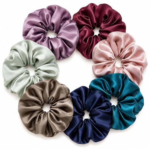 7PCS Premium Big Satin Hair Scrunchies for Women, Large Soft Hair Ties | 5 Inch, Scrunchies for Thick Hair, Elastic Ponytail Holders Hair Accessories, Vintage Muted