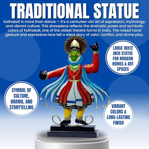 Image of KRAFTSKALA Kathakali Dancer Metal Showpiece - Traditional Kerala Folk Art Classical Dance Figurine - Home Decor Statue for Living Room, Gifting (12x18 inch)