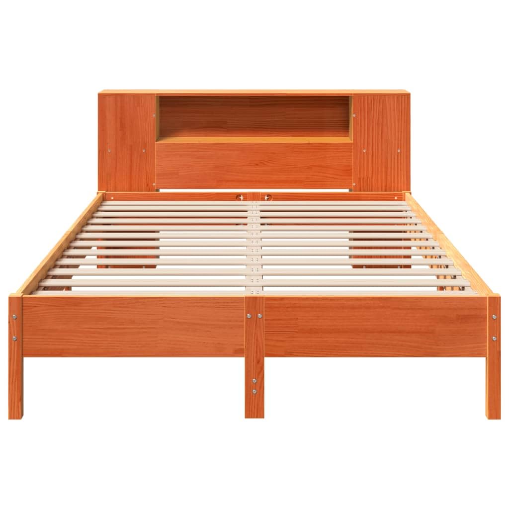 Cama de madera maciza de pino de 140 x 200 cm, color marrón cero, con estante, cabecero de lamas, cama doble, ahorra espacio, para dormitorio, habitación de invitados, habitación juven