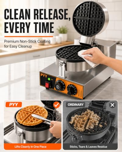 Image of PYY Commercial Waffle Maker - 20Pcs /H Round Belgian Waffle Iron, Non-Stick Stainless Steel Waffle Baker Machine with Temp & Timer Control, for Home Kitchen, Restaurant, Snack Bar 1300W