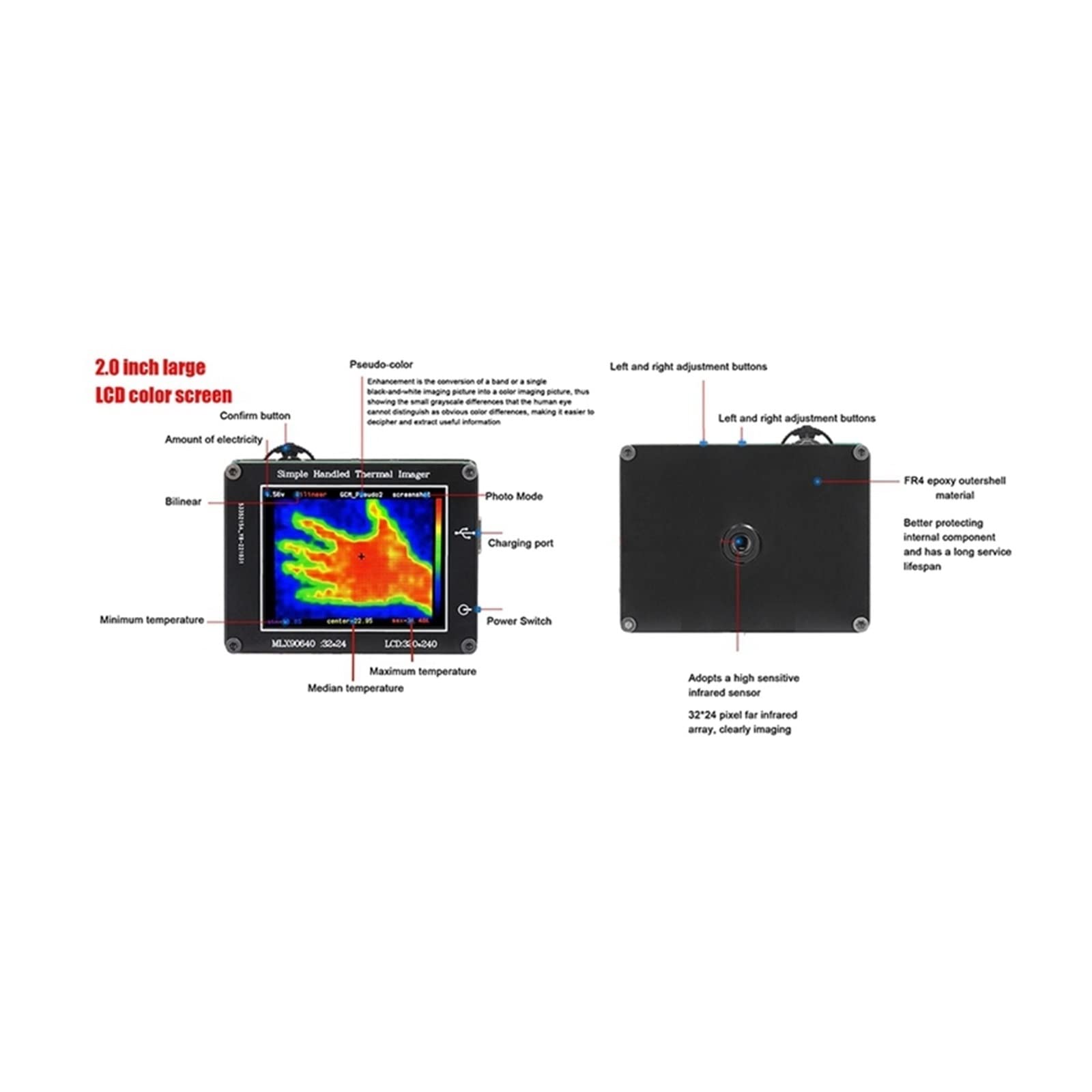 Termocamera professionale, LCD da 2,0 pollici 240X320-40℃ a 300℃ della chiara definizione infrarossa della macchina fotografica di imaging di definizione del sensore Strumenti per la risoluzione dei