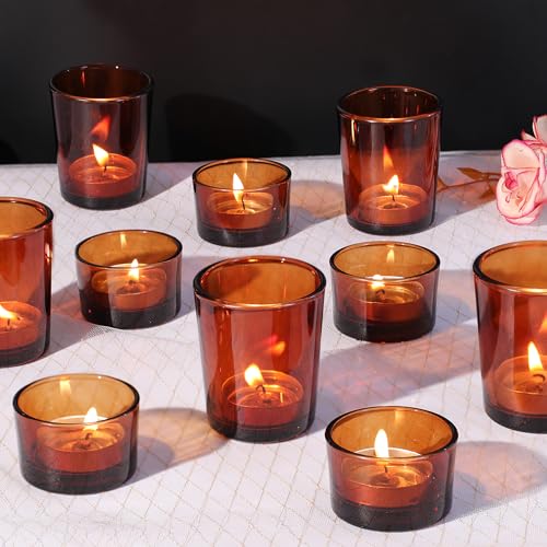 12pcs Assorted Amber Votive Candle Holders Glass Candle Holder for for Fall Decor Amber Tealight Candle Holder for Table Centerpiece Wedding and Party Decor