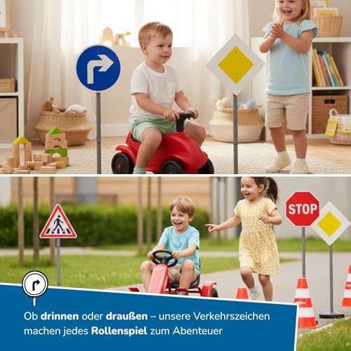 alldoro 60231 Verkehrszeichen für Kinder, 6-teiliges Set mit 3 befüllbaren Standfüßen & 12 Clips, 75 cm hoch, für drinnen & draußen, ab 3 Jahre, Weiß