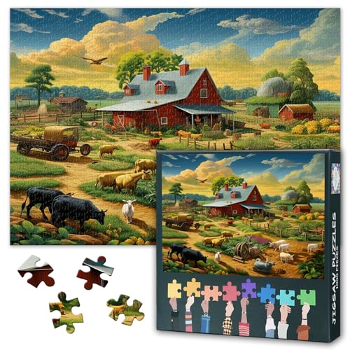 Pasture 1000 Piece Puzzle for Adults Farm with Cows and Horses in the Field Jigsaw Puzzles for Adults Funny Challenging Puzzles Unique mental Exercise Finished Puzzle Size: 70 x 50 cm