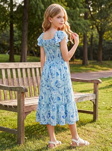 GRACE KARIN Girls Floral Easter Dresses Size 14 Teen Girl Spring Maxi Dress Kids Summer Hawaiian Party Dress,Green Blue — view 6